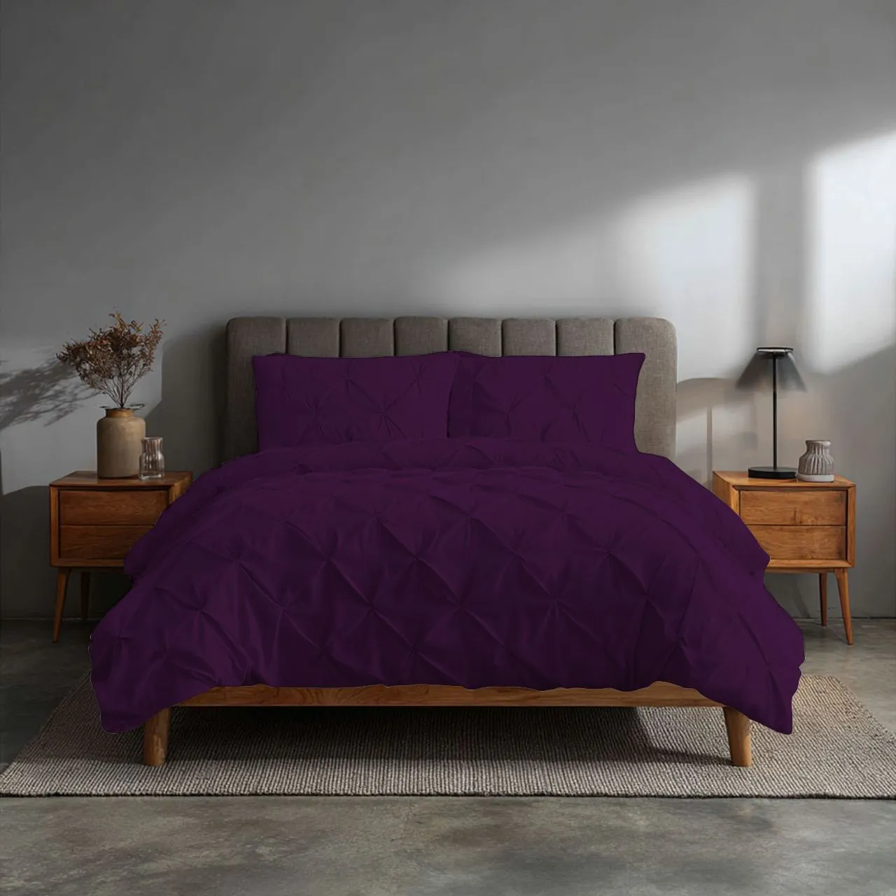 Snug City Pintuck Pinch Pleated Polycotton Duvet Cover & Pillowcase/s Set Bed Linen in Plum