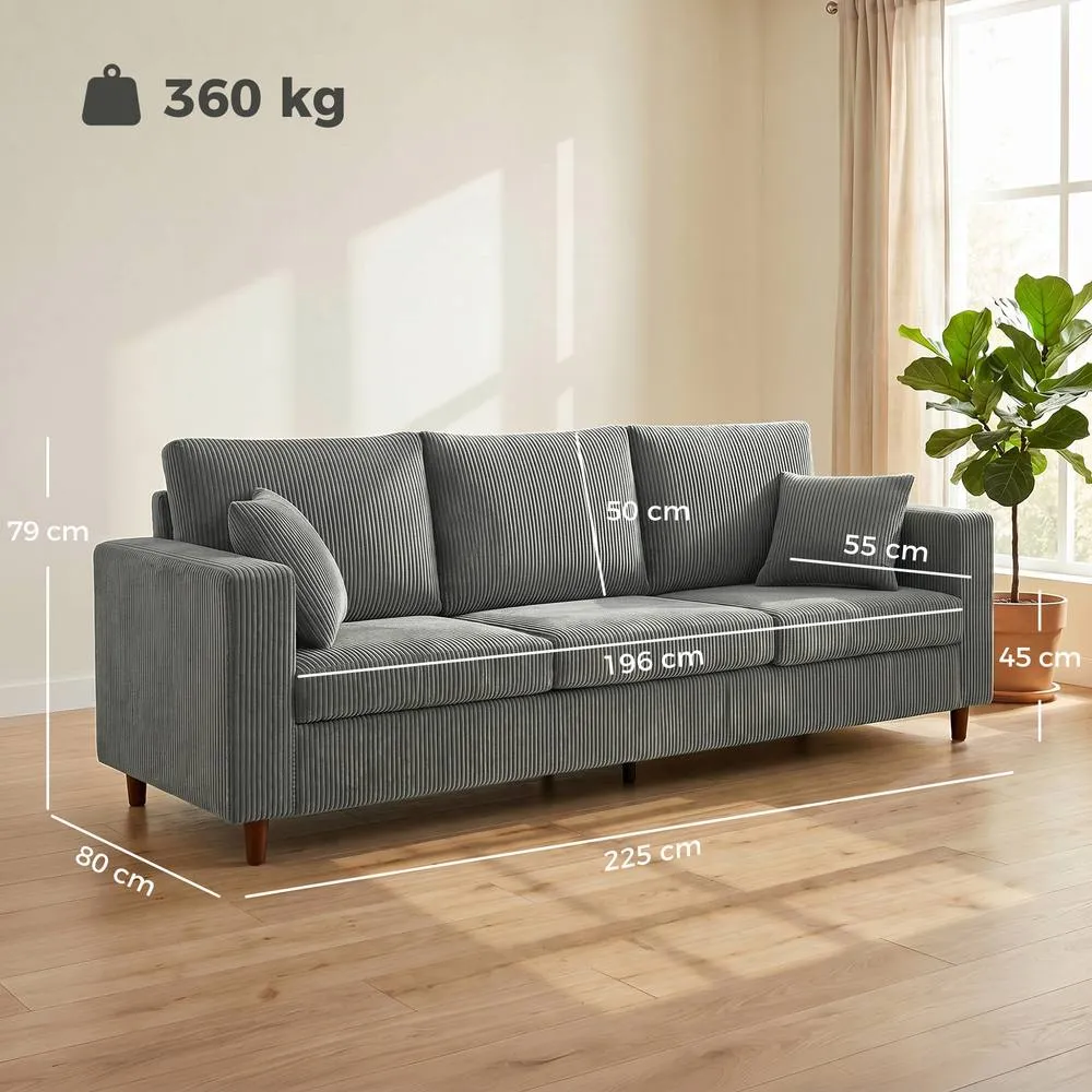 HOMCOM 3 Seater Sofa with Wide Seat, Corduroy Upholstered, Light Grey 3