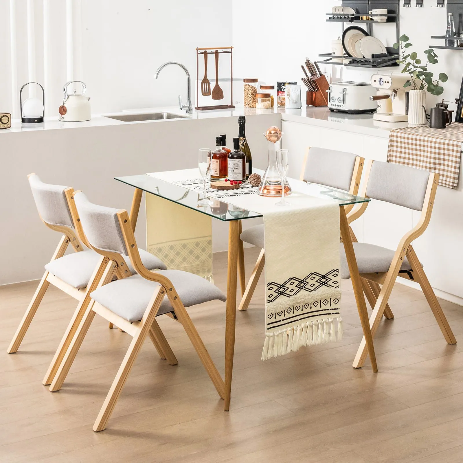 Costway Folding Dining Chair Set of 2 Wooden Upholstered Dining Chairs in Grey 4