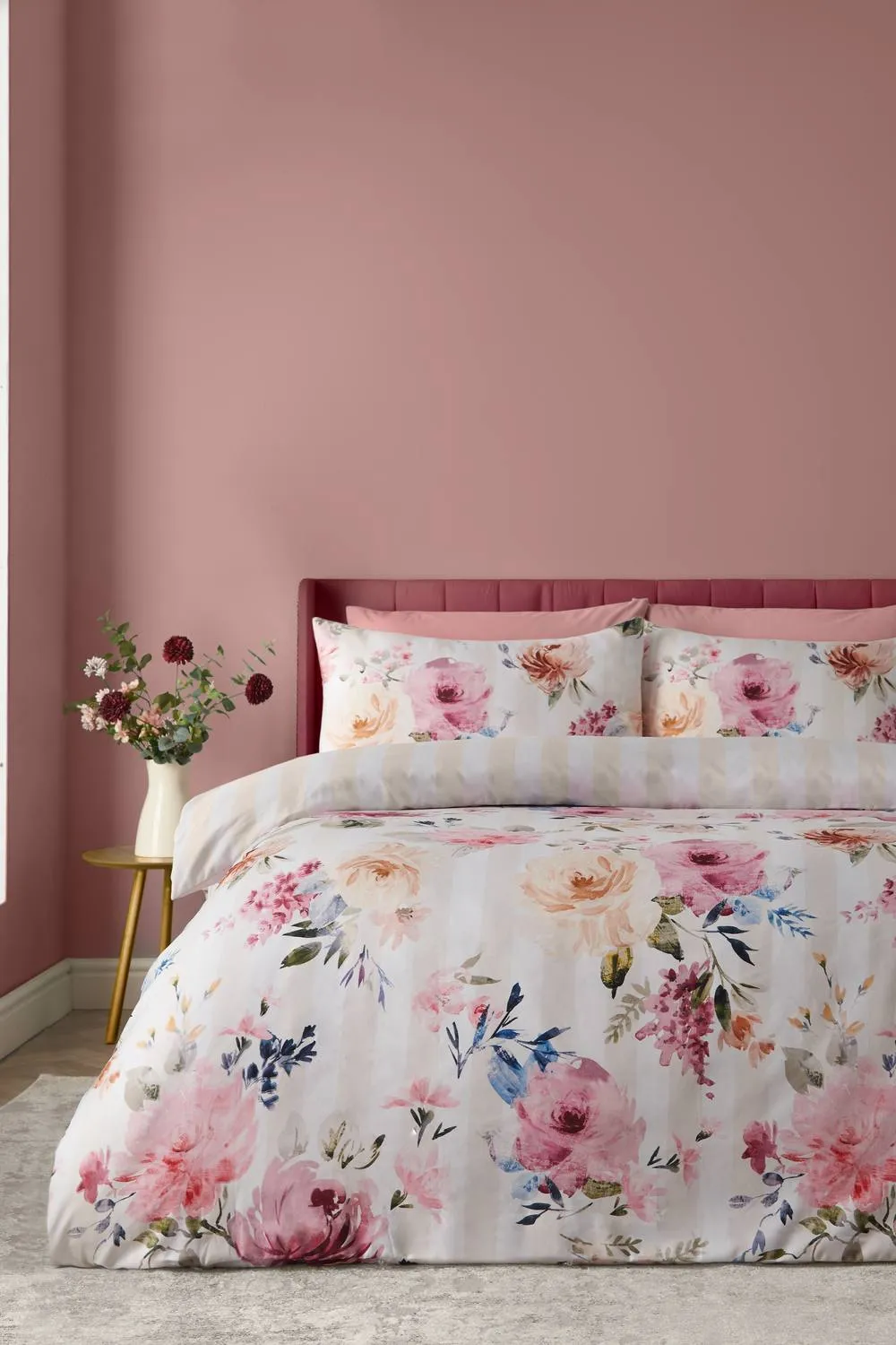 Catherine Lansfield Floral Stripe So Soft Reversible Duvet Cover Set in Cream