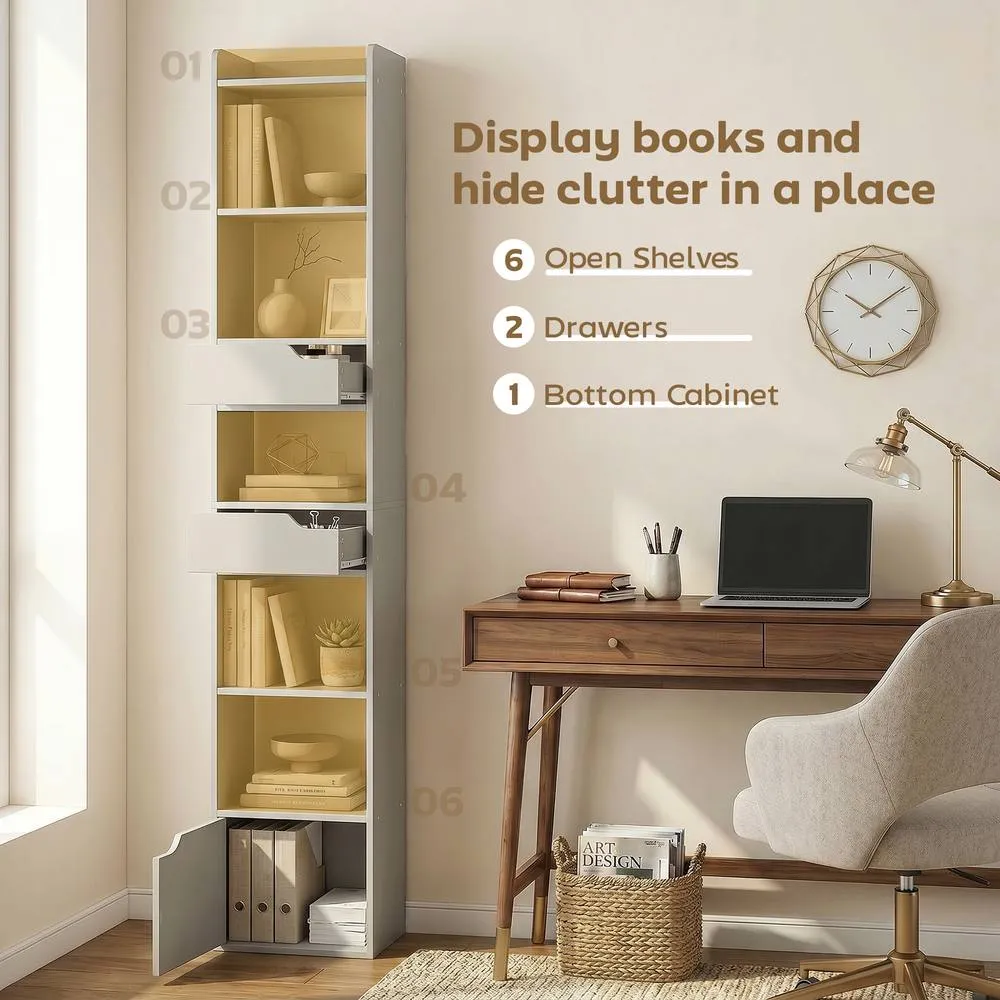 HOMCOM Bookcase Tall Narrow with 5 Tiers Drawers Grey 6