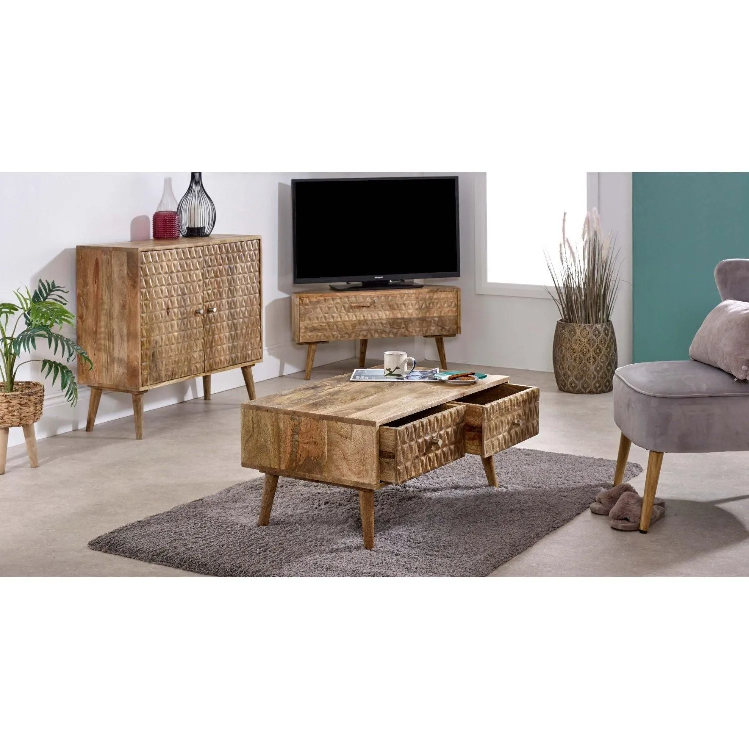 IH Design Ryley Light Mango Wood Corner TV Stand in Natural 4