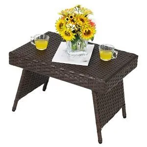 Costway Wicker Coffee Table Folding Outdoor Patio Rattan Side Table in Brown
