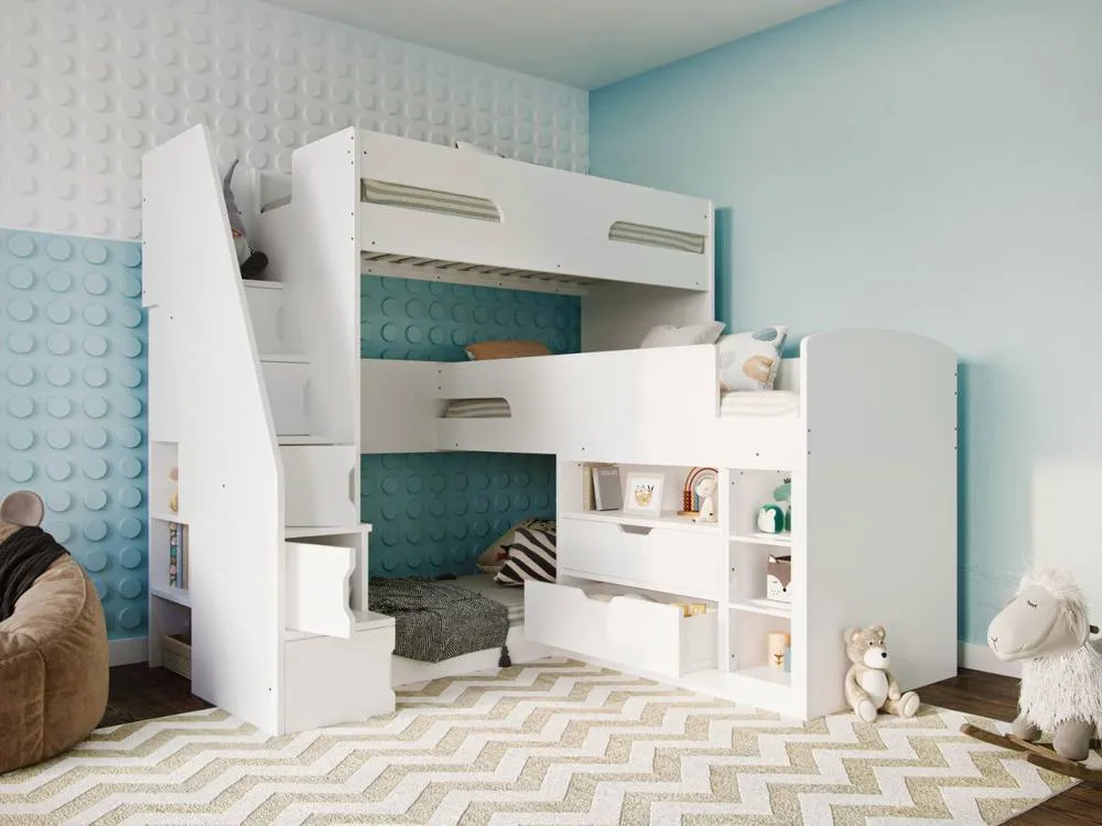 Flair Oscar Staircase Triple Bunk Bed with Storage in White
