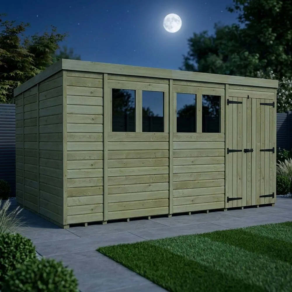 Buttercup Farm 14ft x 9ft Pent Garden Shed Double Door With Windows - Timber in Brown 3