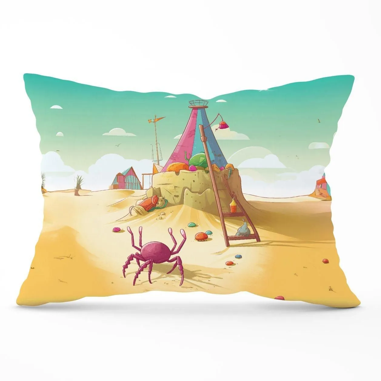 Warren Reed - Designer Crab On A Beach Holiday Cushions in Yellow