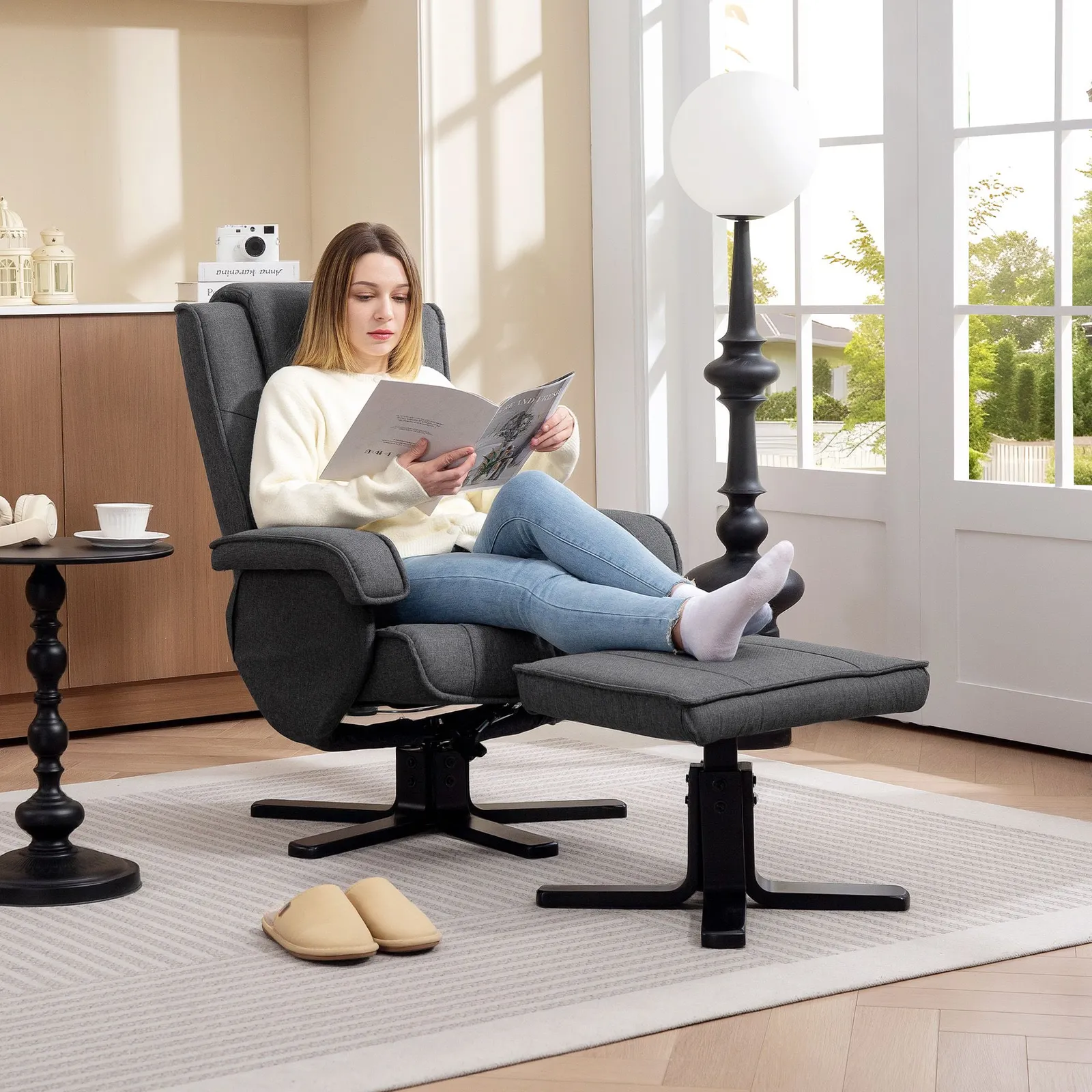 HOMCOM Swivel Recliner Chair with Footstool, Linen Upholstered in Charcoal