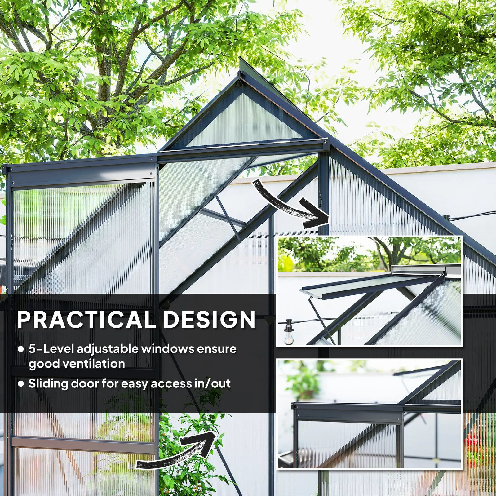 OUTSUNNY Polycarbonate Walk-in Garden Greenhouse w/ Sliding Door Grey 6
