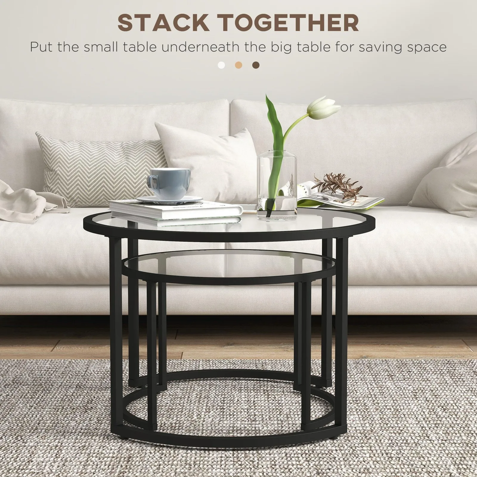 HOMCOM Nesting Coffee Table Set of 2 Round Side Tables for Living Room in Black 4