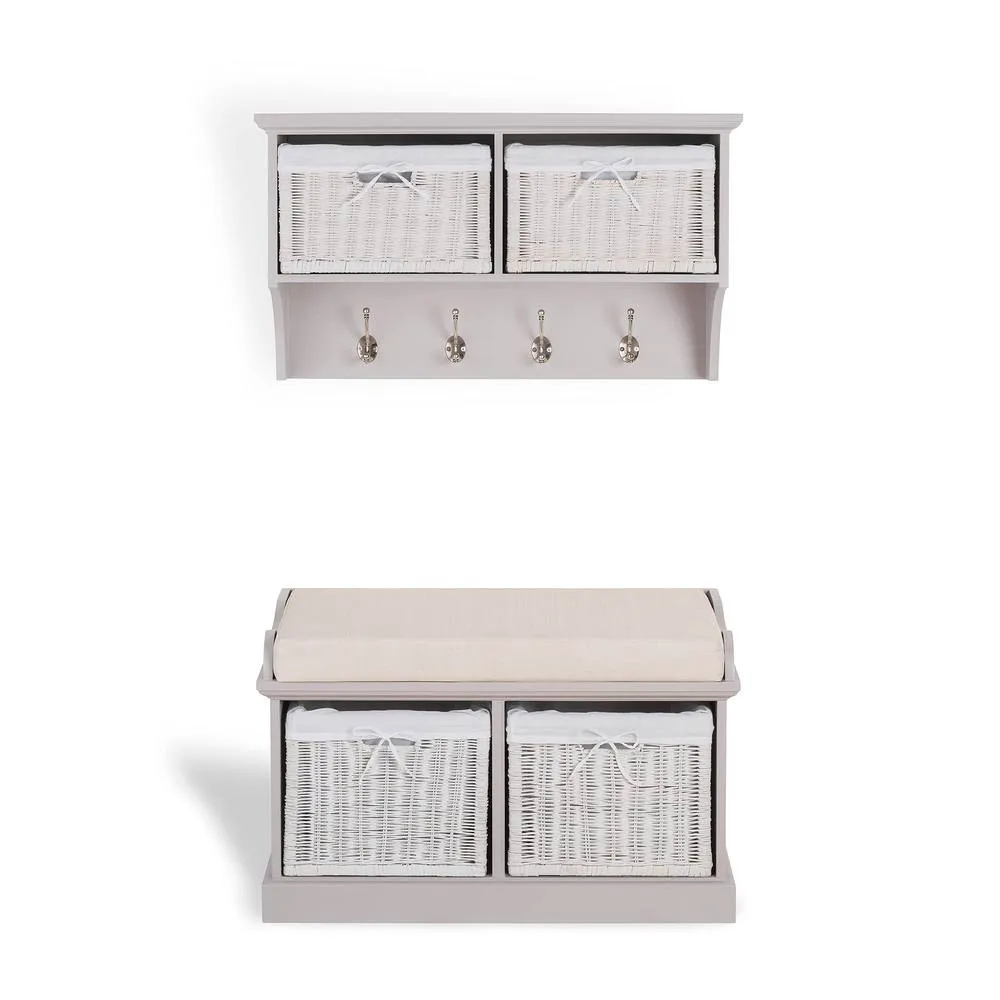 Statement Furniture Tetbury Bench with 2 White Wicker Baskets & Cream Cushion in Taupe 4