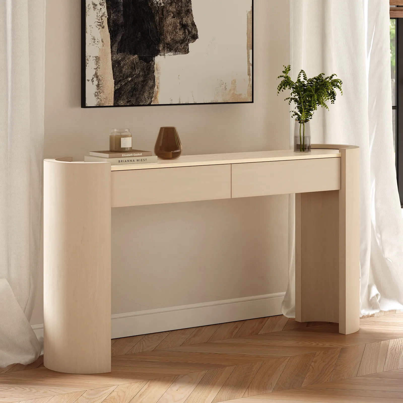 Japandi 60" Oval Sintered Stone Console Table With 2 Drawers