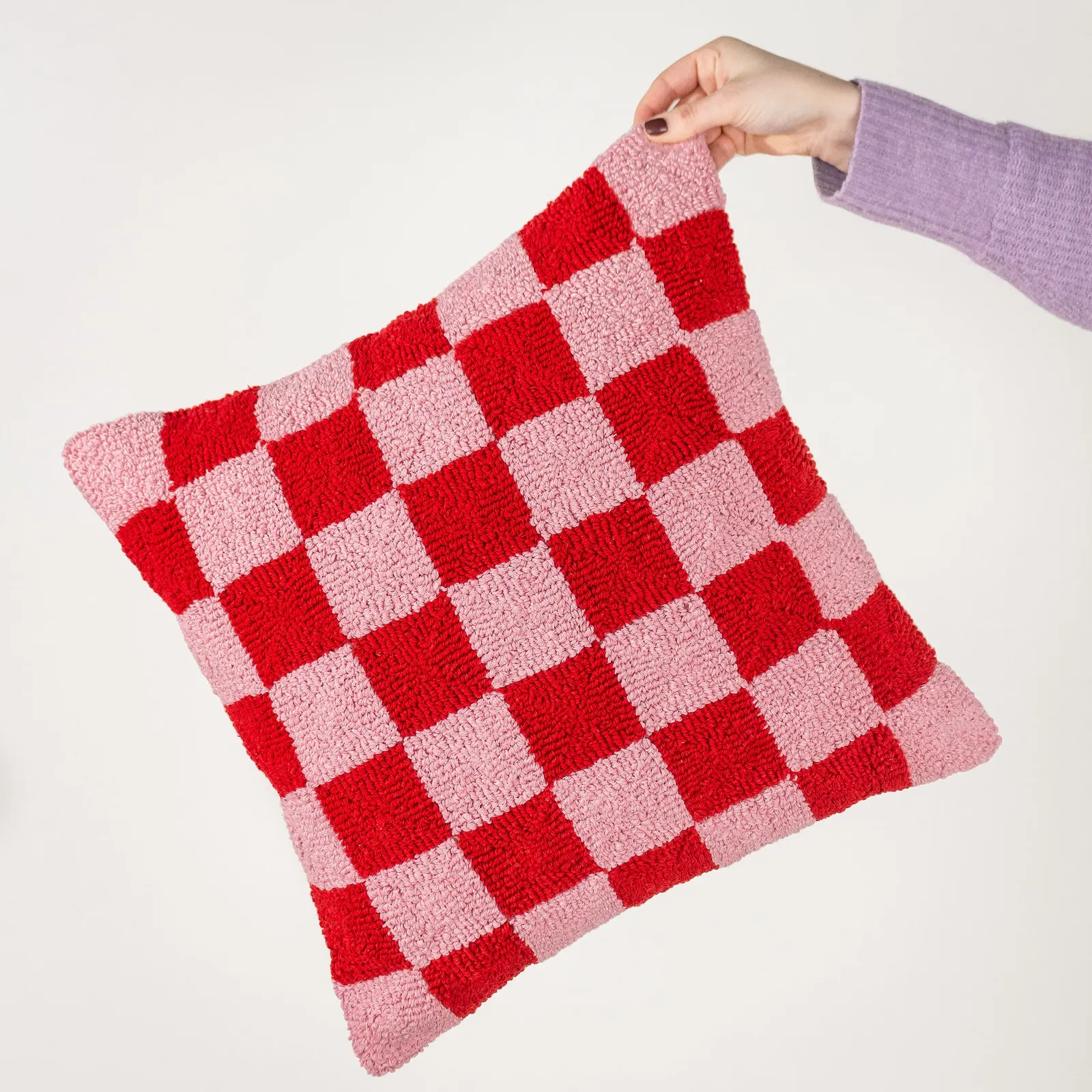 Heya Home Check Knitted Loop Tufted Cushion in Red