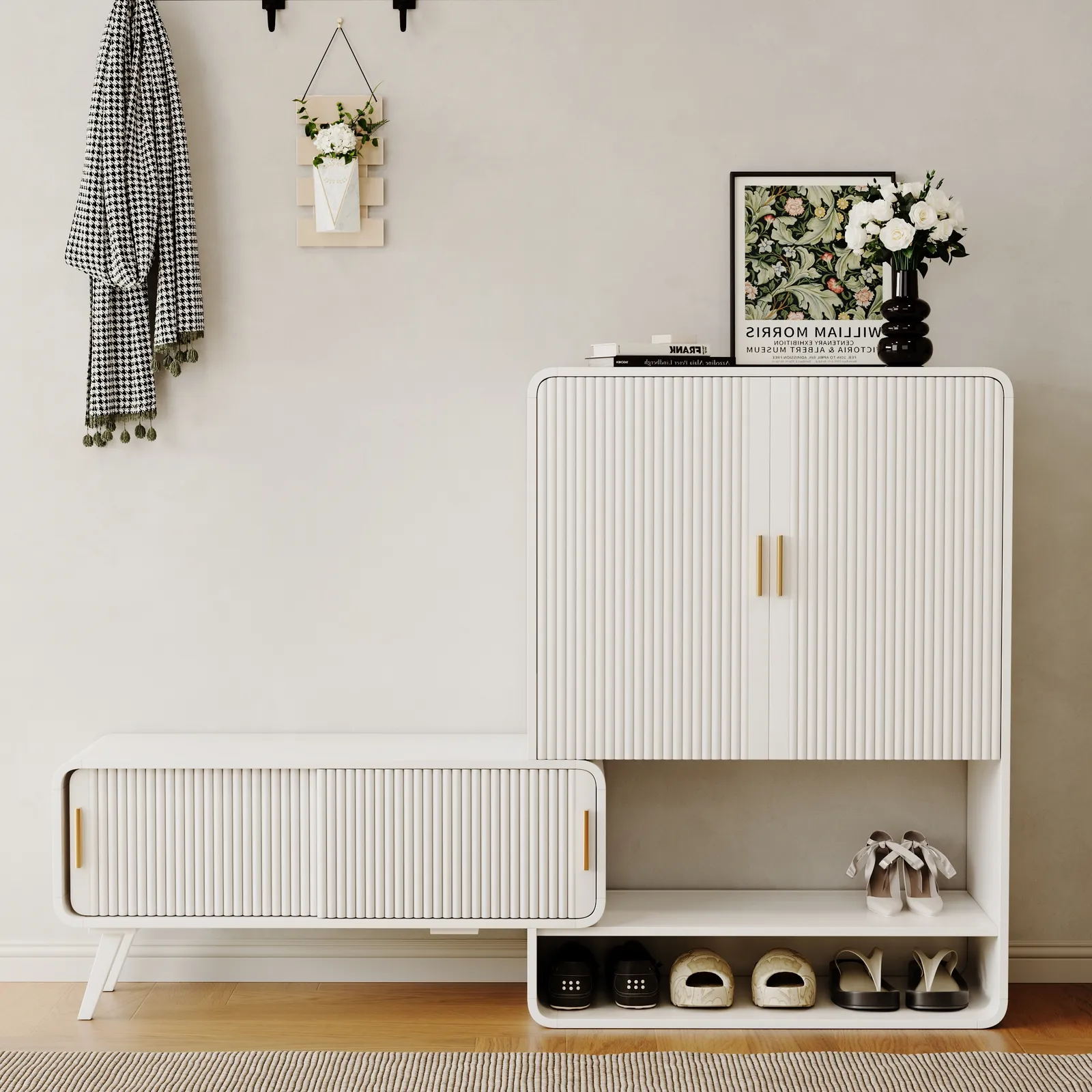 37" Warm White Shoe Storage Fluted Entryway Cabinet, Left Hand