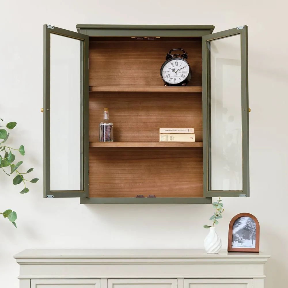 Melody Maison Khaki Green & Wood Wall Cabinet With Clear Glass Front 70cm X 90cm 6