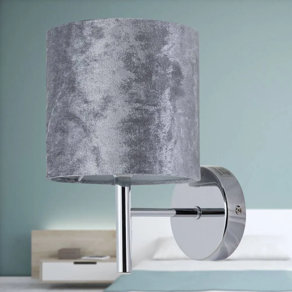 First Choice Lighting Set of 2 Brea - Chrome Wall Lights with Grey Crushed Velvet Shades in Silver 4