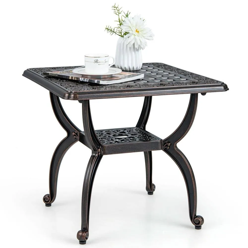 Costway 53 cm Cast Aluminum Outdoor Side Table Anti-rust Patio Coffee Table in Copper