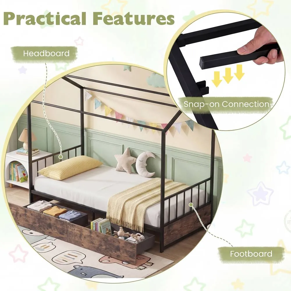 Costway Single Size Bed Frame w/2 Drawers Platform Bed w/Headboard & Footboard in Brown 5