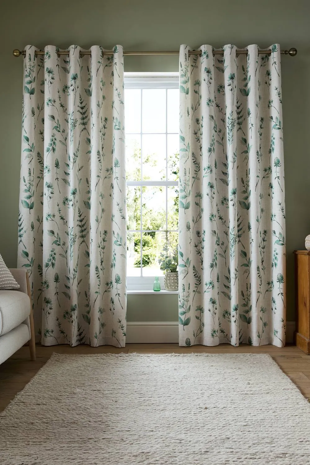 Catherine Lansfield 'Watercolour Leaves' Lined Eyelet Curtains