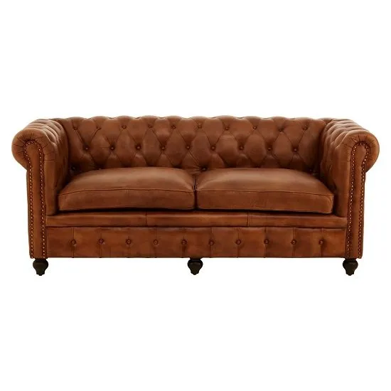 Ratliff Chesterfield Design Leather Three Seater Sofa In Brown