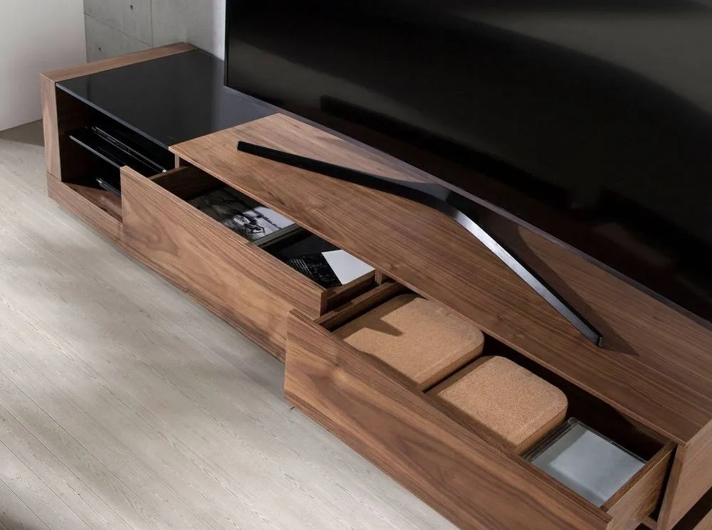 Angel Cerda Walnut TV Cabinet with Black Tinted Glass Top in Brown 5