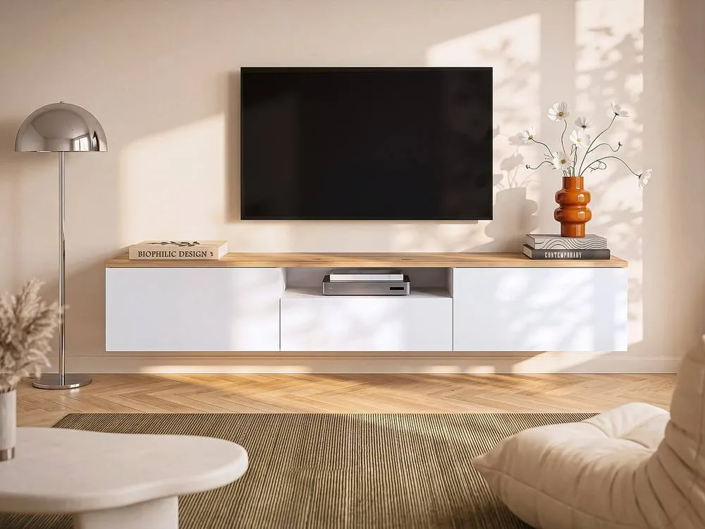 Vente-unique Wall-Mounted TV Unit With 3 Doors & 1 Niche - White & Natural in Light Oak 3