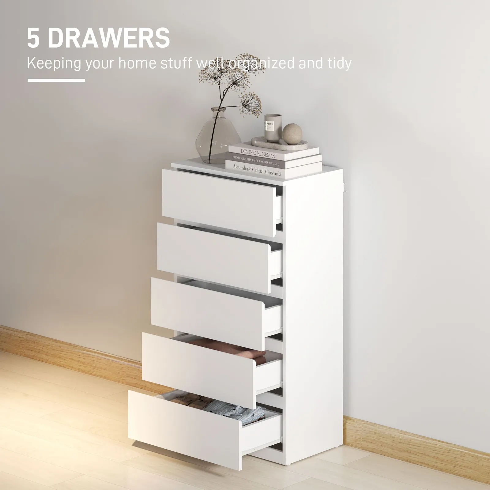 HOMCOM Bedroom Chest of Drawers, 5 Drawers Dresser, Drawer Unit, White 4