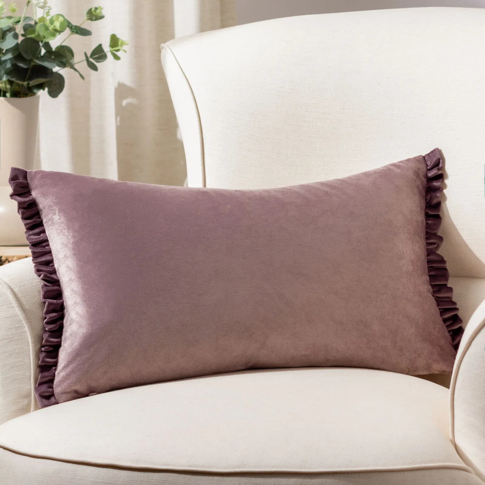 Wylder Tilly Velvet Frill Reversible Cushion in Pale Lilac 1