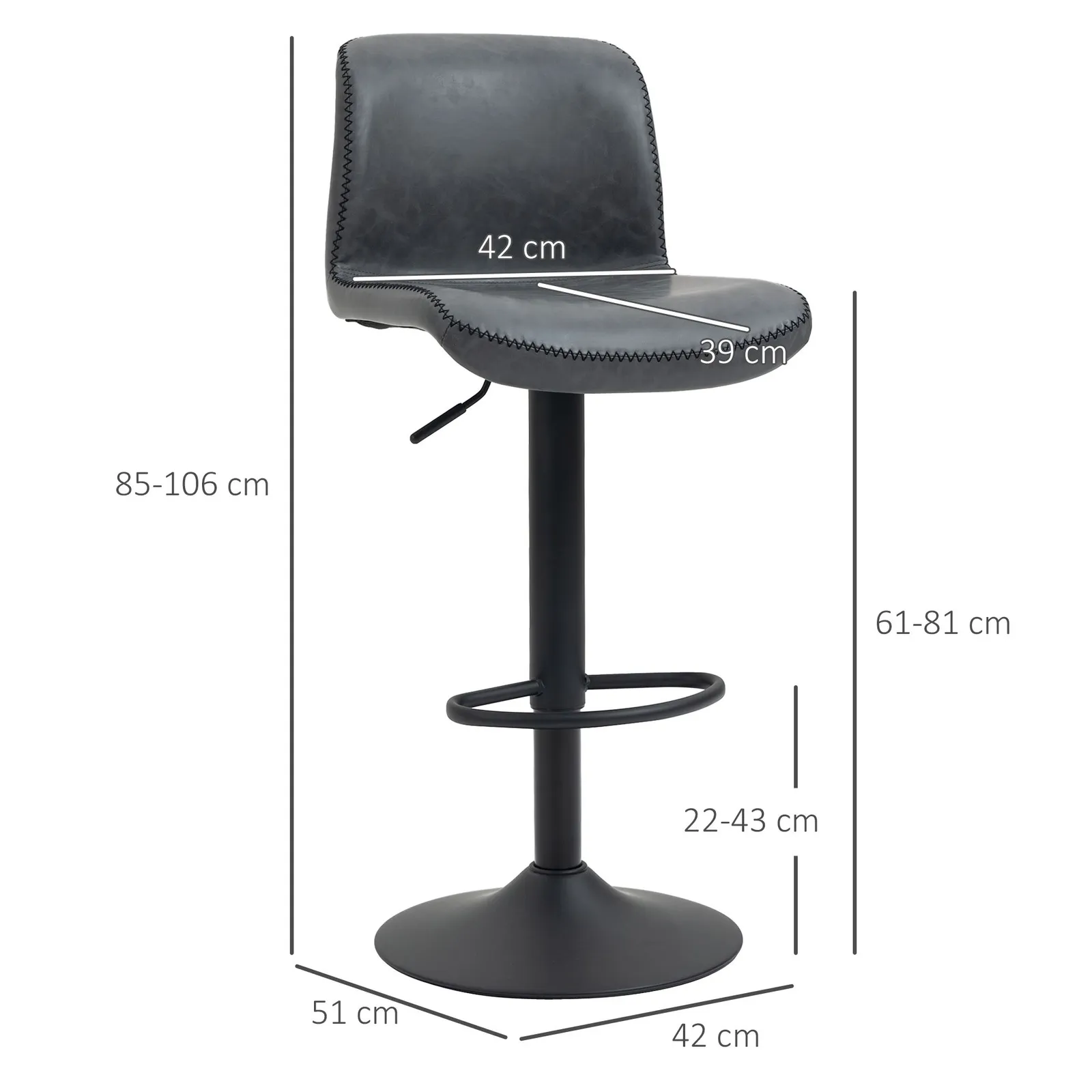 HOMCOM Barstools Set of 2 PU Leather Adjustable Height in Dark Grey 3