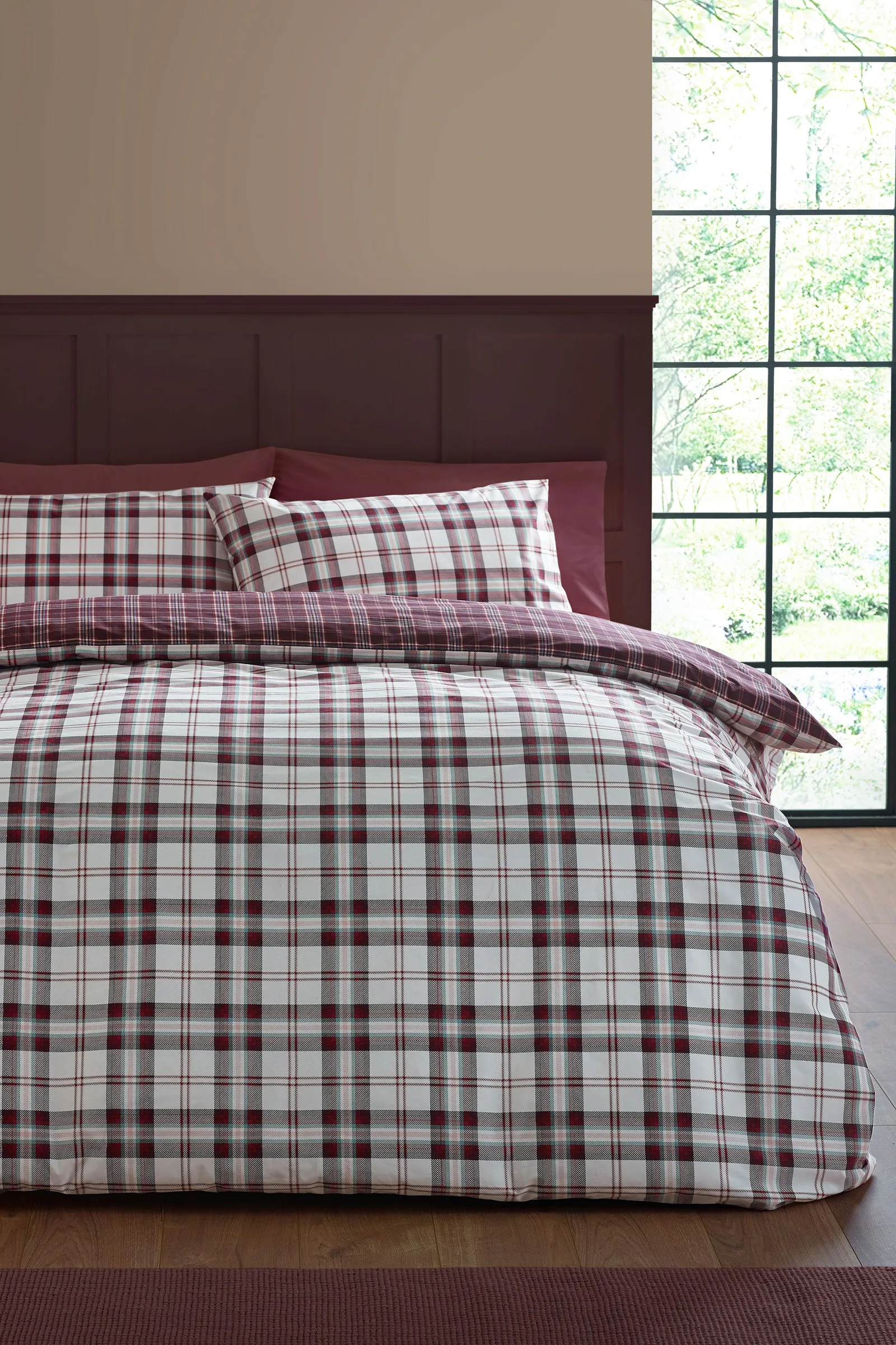 Catherine Lansfield 'Kelso Check' Reversible Duvet Cover Set in Plum 1