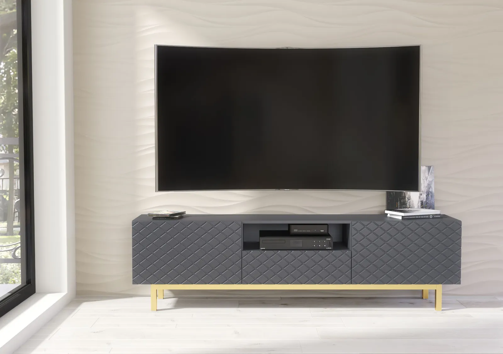 Creative Furniture Diamond Luxe TV Unit 180cm - Luxury Cabinet with Push to Open Storage in Dark Grey 6