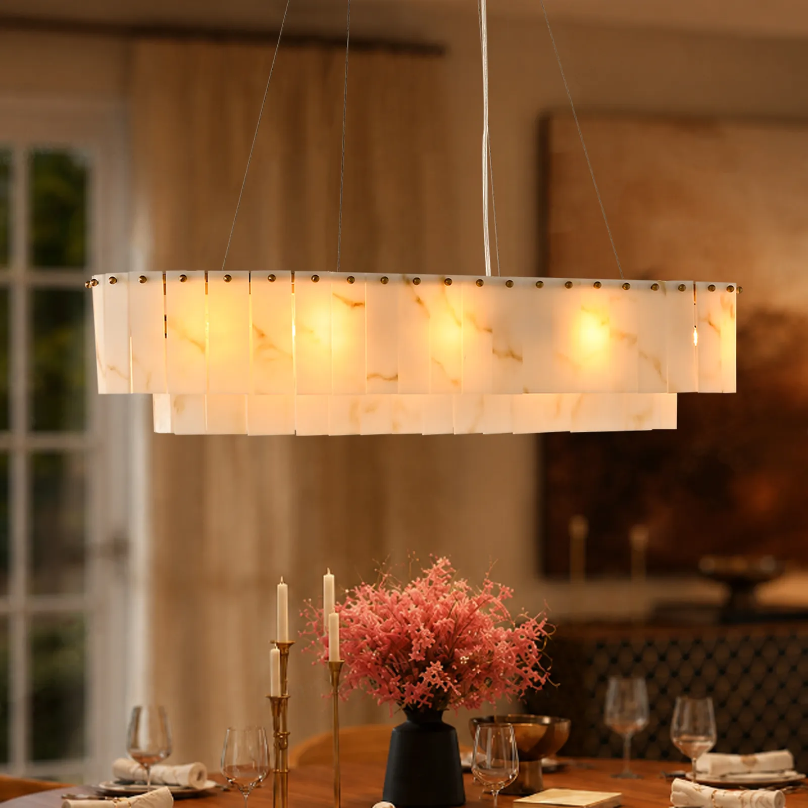 12-Light Linear Chandelier Alabaster-Effect 2-Tier Dining Chandelier 102cm