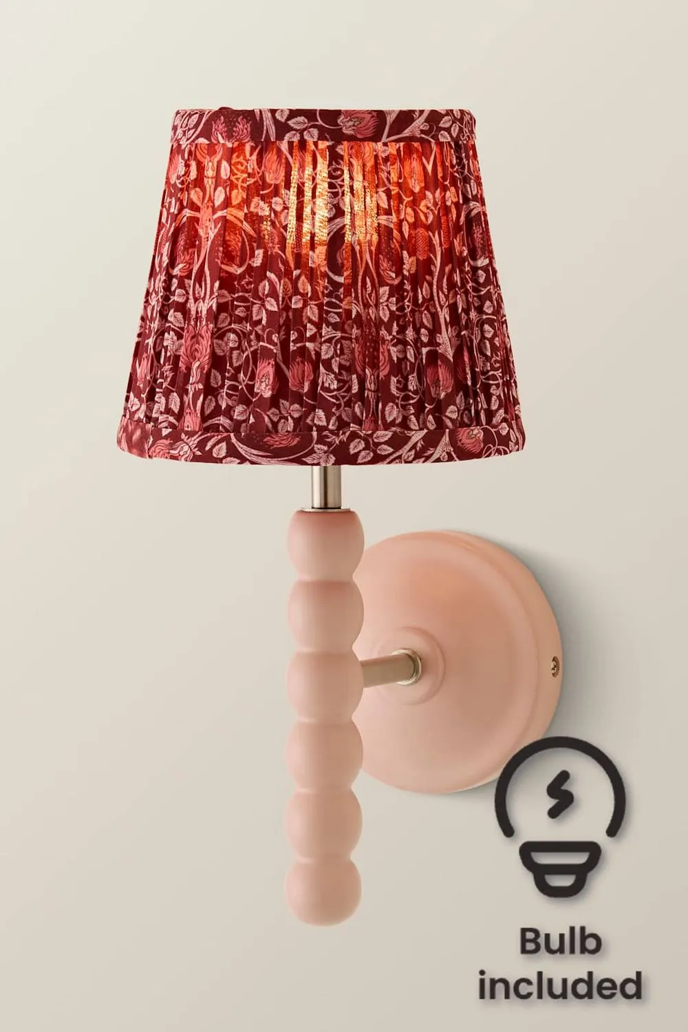 ValueLights Bobbins Burgundy Floral Pleat Shade Wooden Bobble Wall Light & Bulb in Baby Pink