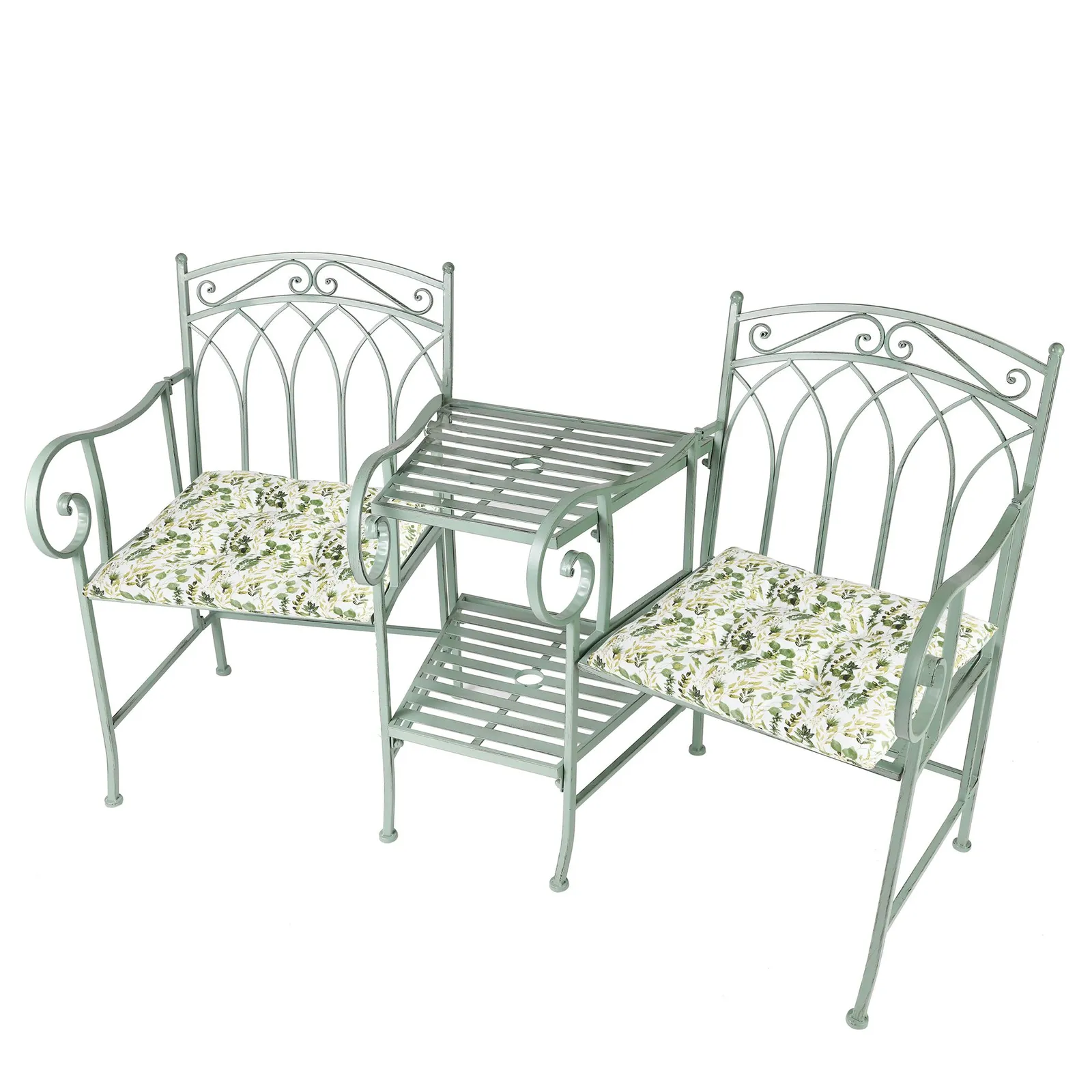 Dibor Vintage Green Arched Outdoor Garden Furniture Companion Seat Garden Bench with Free Set of 2 Green Seat Pad Cushions
