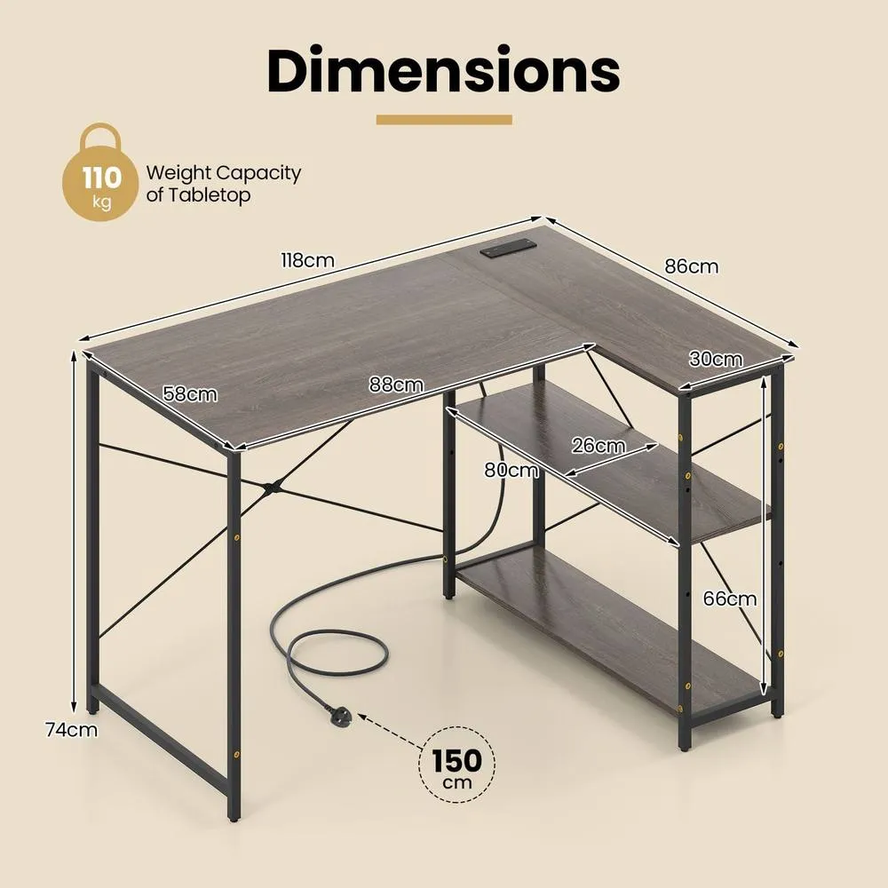 Costway L-shaped Computer Desk w/Power Outlet Workstation w/Reversible Shelves in Grey 4