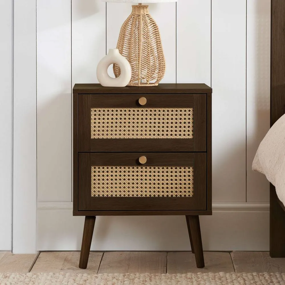 Birlea Bedside 2 Drawer Cabinet Walnut Rattan Croxley Side Table