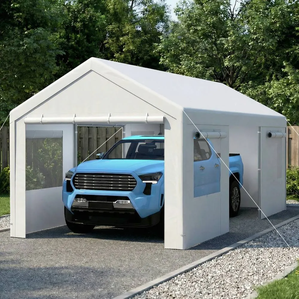 Costway 10 x 19 FT Car Canopy w/ Roll-Up Windows & Removable Doors Car Shelter in White