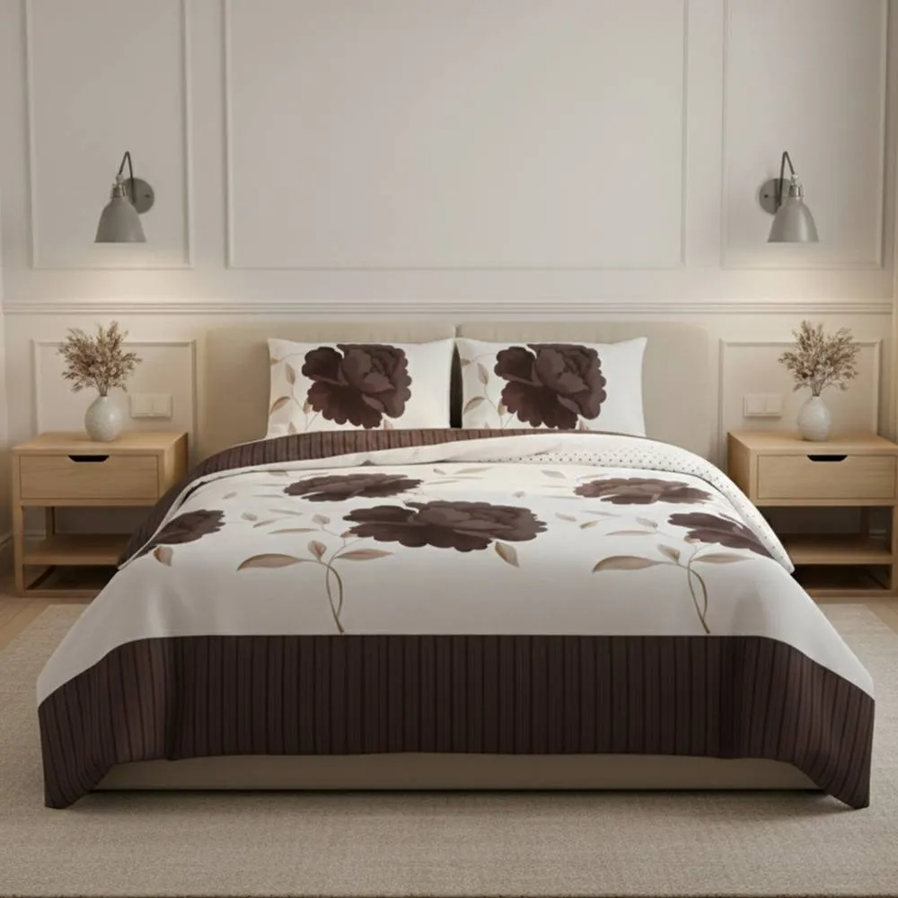 Snug City Reversible Floral Duvet Set Elegant Flower Stripe Pattern Bedding in Chocolate