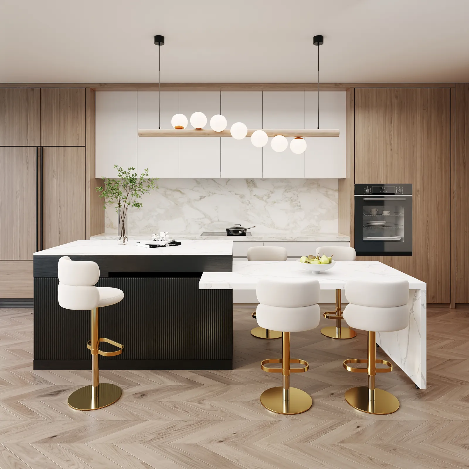 205 - 284 cm Modern Extendable White Marble Pattern Kitchen Island with Doors and Drawers