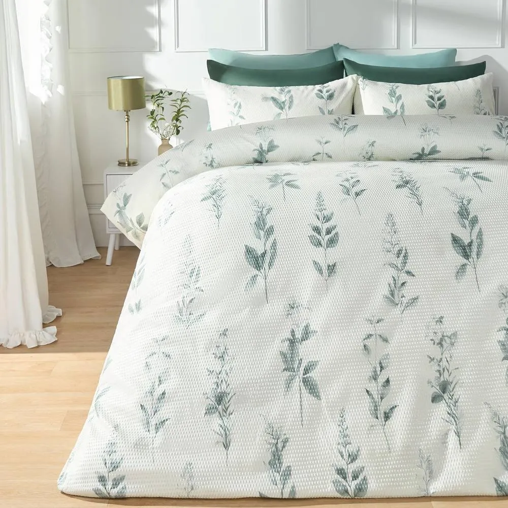 OHS Botanics Embossed Bedding Set Waffle Duvet Cover with Pillowcase in Pale Green