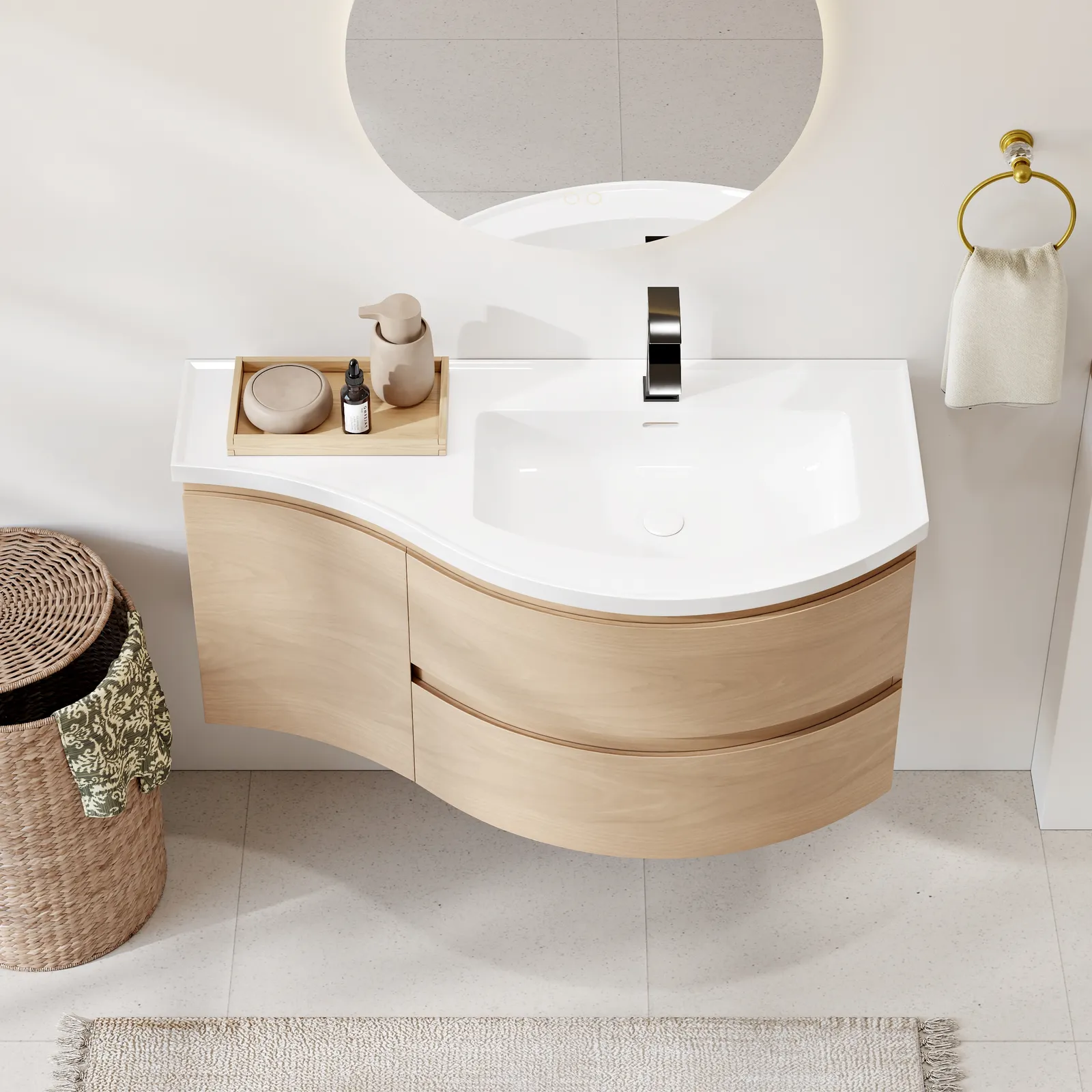 900mm Floating Curved Bathroom Vanity Natural Right Offset Single Sink Bathroom Cabinet