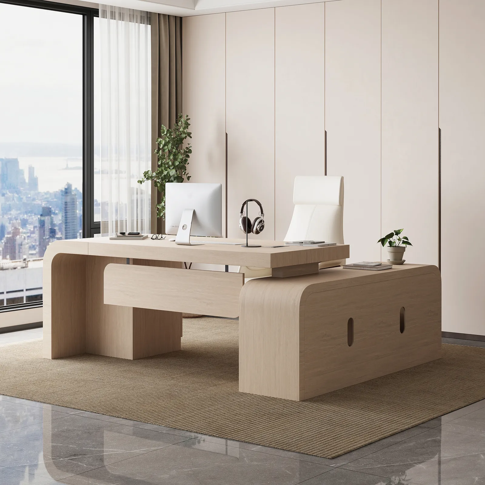 Chicent Whitewash L-shaped Modern Computer Desk with Cabinet Left Hand (180 cm)