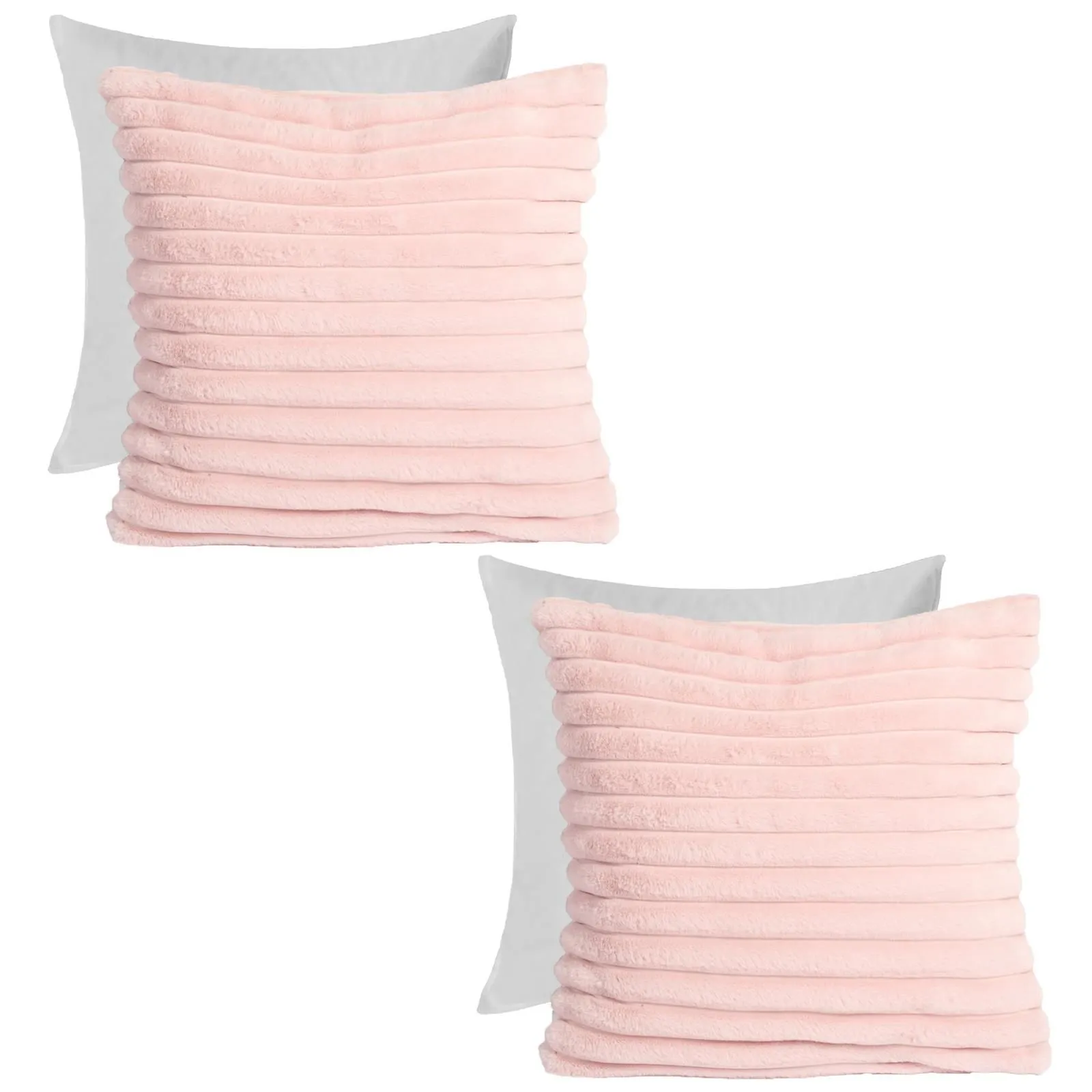 OHS 2 x Faux Fur Thick Rib Filled Cushion Covers in Pink