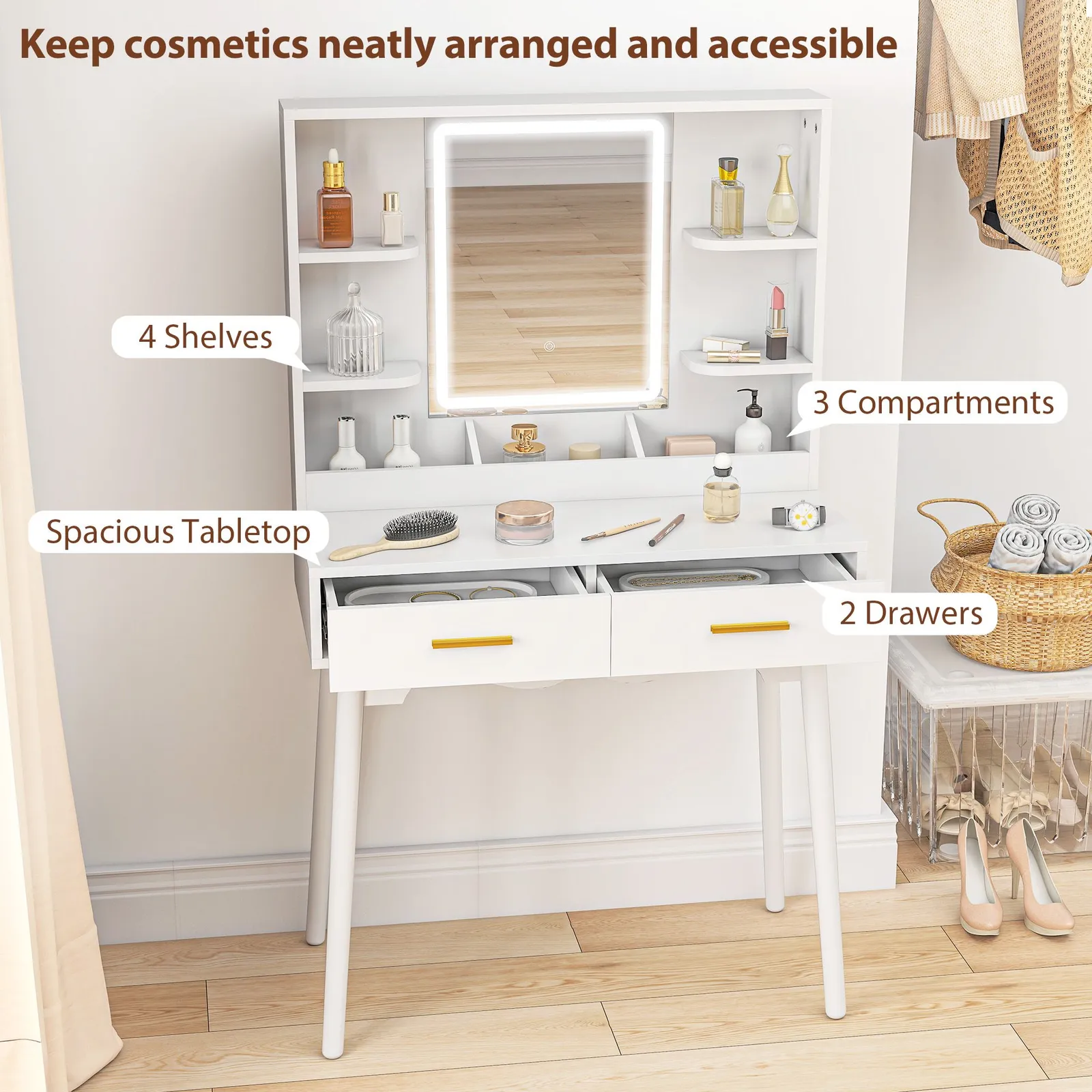 HOMCOM Dressing Table with LED Lighted Mirror & Cushioned Stool White 6