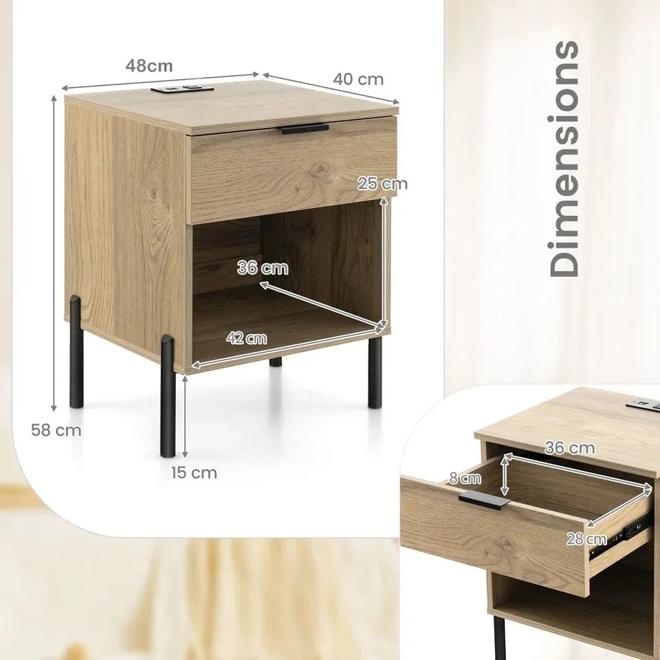 Costway Mid Century Modern Nightstand Bed Side Table w/Charging Station in Natural 2