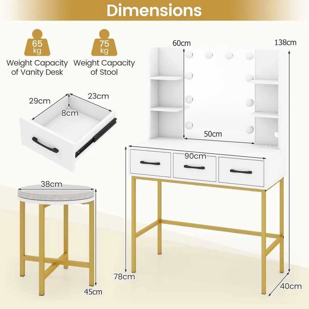 Costway Makeup Dressing Table & Cushioned Stool Set with Mirror & Lights in White 2