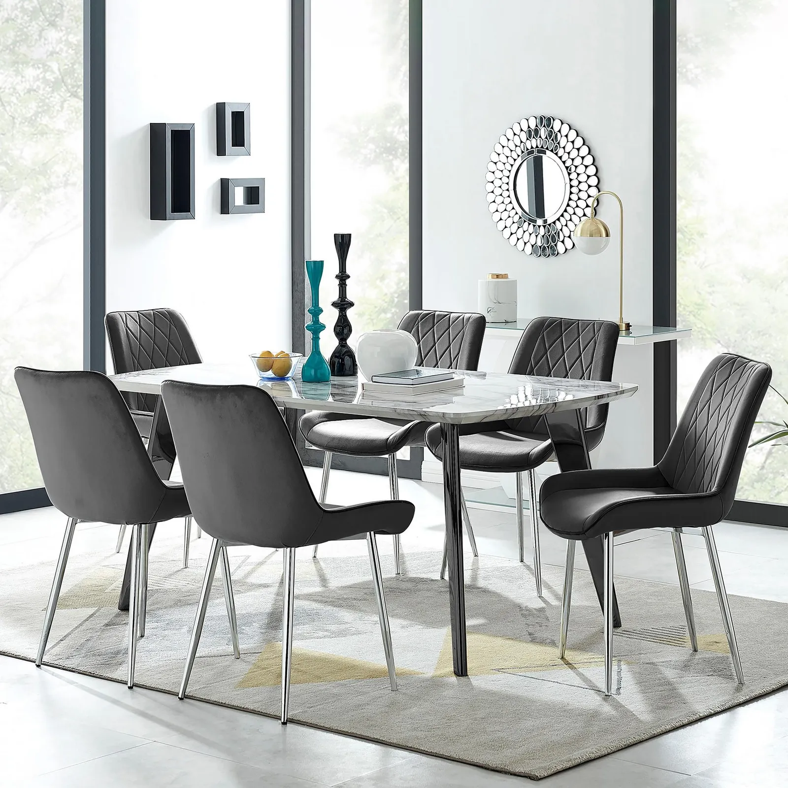 FurnitureboxUK Andria Marble Effect Dining Table With Black Legs & 6 Pesaro Velvet Silver Leg Chairs