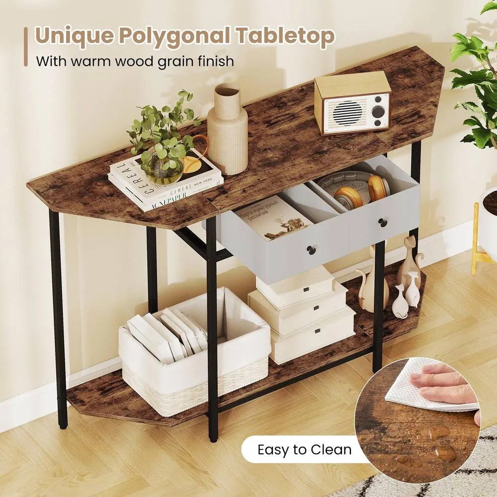 Costway 130 CM Console Table 2-Tier Entryway Table with 2 Drawers-Brown in Brown 4