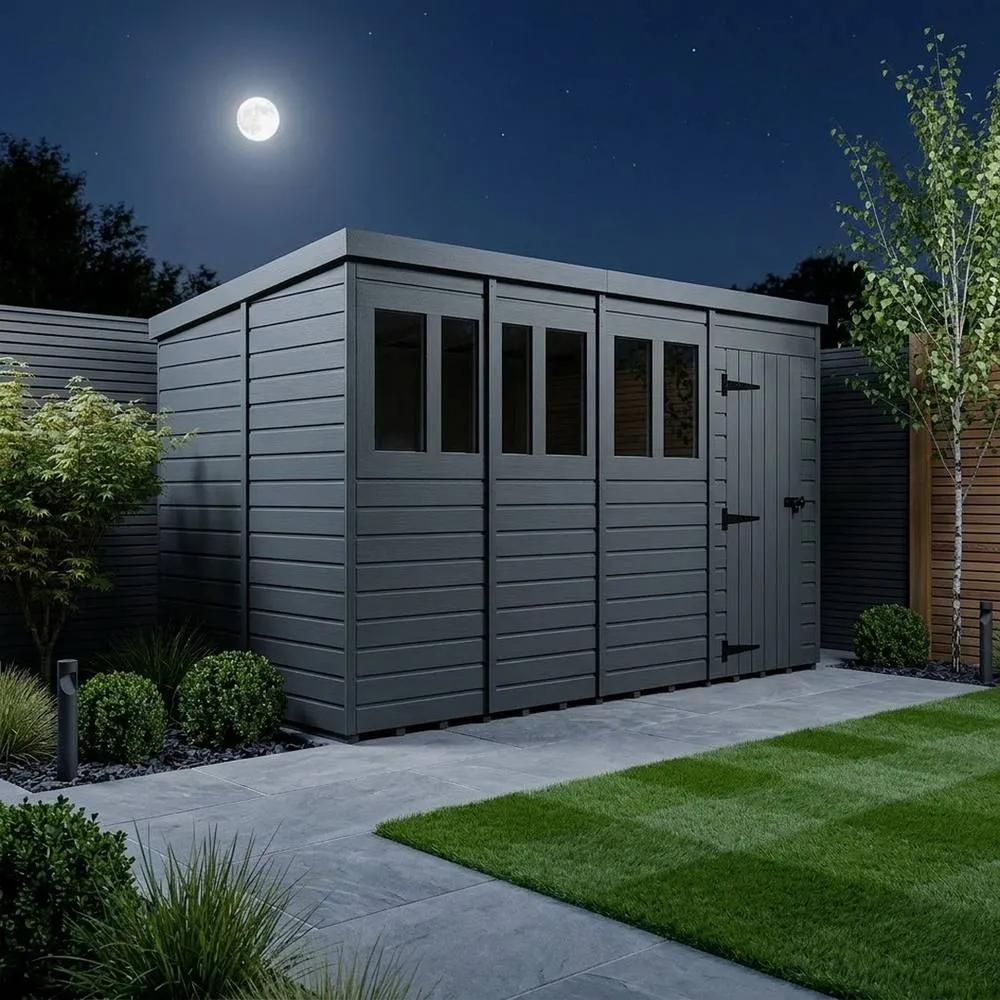 Buttercup Farm 16ft x 9ft Composite Pent Garden Shed Single Door With Windows in Grey 3