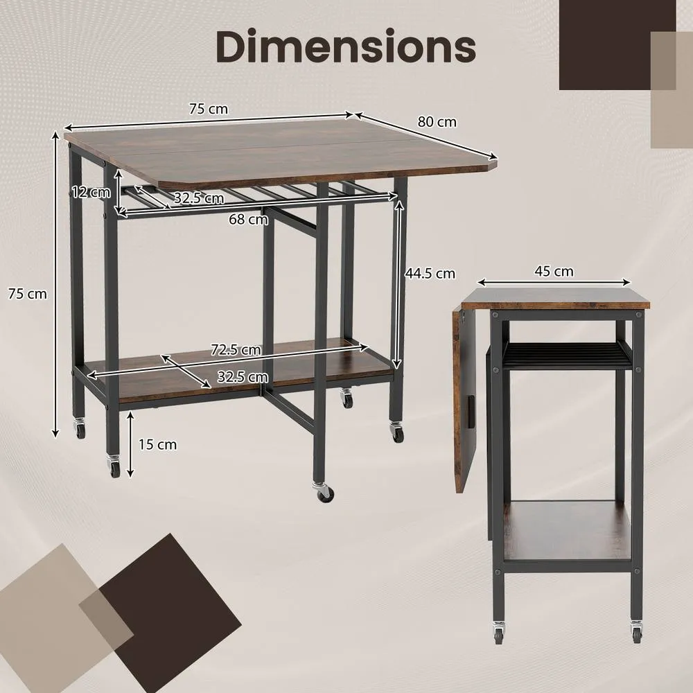 Costway Folding Dining Table Movable Kitchen Table with Wine Rack in Brown 2