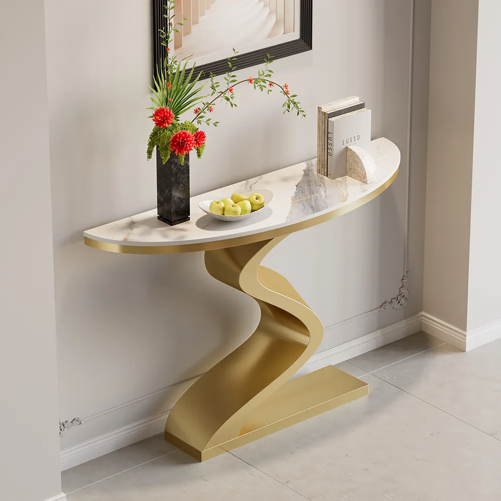Curved Console Table with Sintered Stone Top Half Moon Shape Entryway Furniture in White & Gold (100 cm Wide)